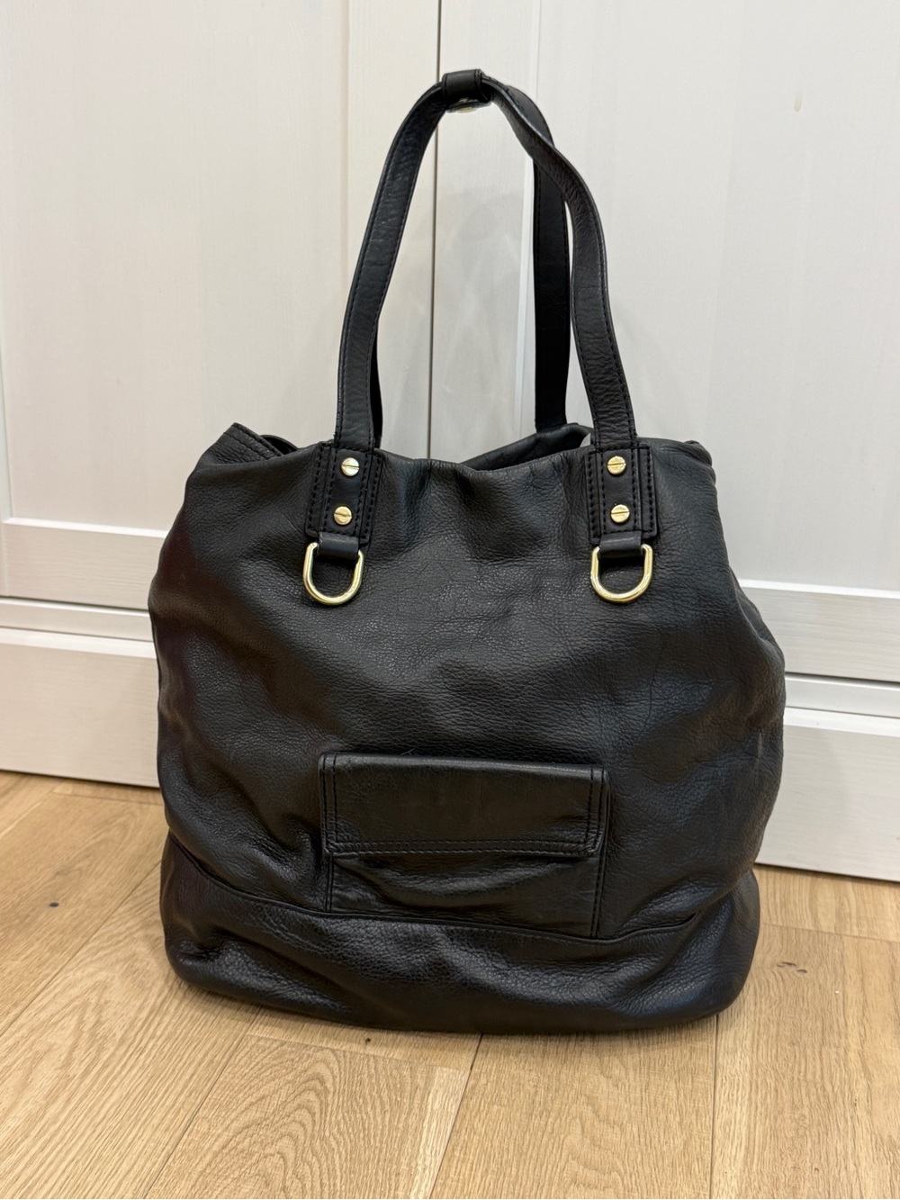 J. Crew Black Leather Tote with Gold Hardware